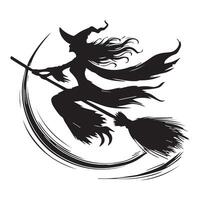 A witch flying on a broom with a crescent moon in the background vector
