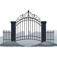 A Victorian old black gate slightly visible in the fog and frosted landscape. vector