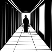 Horrific scene of a dark corridor with a scary silhoutte. Halloween horror. vector