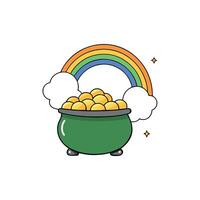 Pot with gold coins and rainbow on the pot vector
