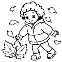 Mixed race girl child playing in autumn fall leaves wearing red jacket autumn colours vector