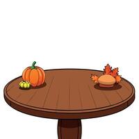 Empty dark wood table top with blurred bright Thanksgiving background. vector