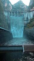 majestoso montanha barragem com uma poderoso água fluxo video