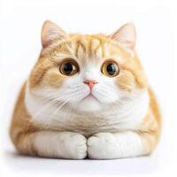 adorable Minuet cat sits with its short legs and round, plush body, exuding charm and curiosity while surrounded by a clean white background. photo