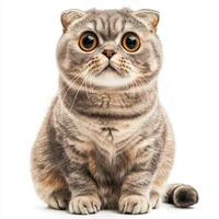 Scottish Fold cat captivates with its uniquely folded ears and expressive large eyes, poised elegantly against a pristine white backdrop, radiating charm and curiosity. photo