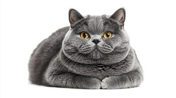 British Shorthair cat lounges comfortably with its plush gray coat and distinctive round face, exuding an aura of tranquility and charm. photo