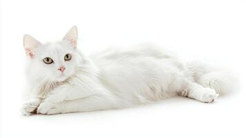 Chantilly-Tiffany cat reclines gracefully, displaying its stunning, long, silky coat and vivid eyes against a clean white background, exuding elegance and tranquility. photo