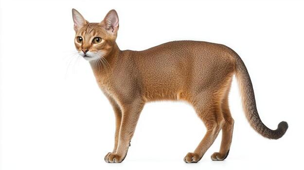 striking Chausie cat stands confidently, displaying its tall and athletic body, embodying a wild elegance that captures attention photo