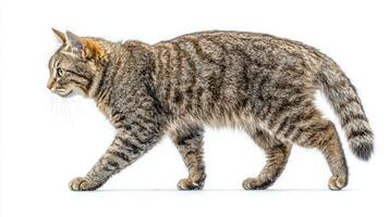 Chausie cat stands tall, revealing its muscular and elegant form against a bright white backdrop, embodying the essence of a wild feline photo