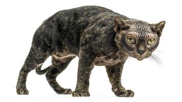 Donskoy cat captivates with its distinctive hairless texture and prominent ears, showcasing its unique features while standing against a clean white background. photo