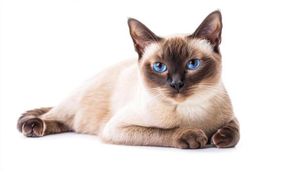 sleek Siamese cat rests elegantly, showcasing its beautiful blue eyes and unique coat against a clean, white backdrop. The serene pose highlights its playful yet calm demeanor. photo