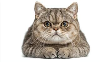 charming American Shorthair cat showcases its round face and distinct striped coat. The feline sits gracefully with an intriguing expression, captivating hearts at first glance. photo
