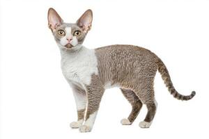 charming Devon Rex cat stands proudly, displaying its textured, curly fur and oversized ears. The creature exudes personality in its dynamic stance and curious gaze. photo