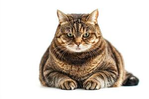 charming European Shorthair rests gracefully, showcasing its round face and beautifully striped coat, exuding a calm and confident demeanor in a serene setting. photo