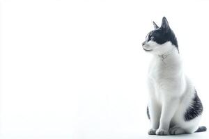 Sitting gracefully with its unique stubby tail, the Japanese Bobtail captures attention on a clean white backdrop, embodying both elegance and playfulness. photo