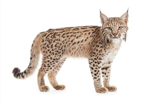 Highlander cat showcases its unique tufted ears and short tail while standing proudly on a pristine white surface, embodying elegance and charm. photo