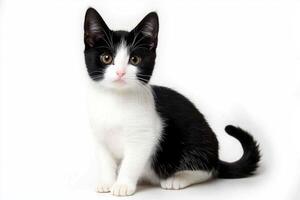 playful Munchkin cat displays its unique stature with short legs while sitting elegantly on a clean white background, emphasizing its round body and curious expression. photo