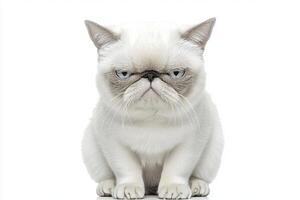 Exotic Shorthair sits gracefully, showcasing its plush coat and unique flat face. This captivating feline exudes charm in a serene, minimalist setting. photo