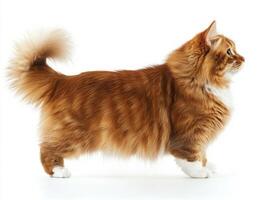 vibrant Kurilian Bobtail stands tall, showcasing its strong physique and distinctive short, fluffy tail, radiating confidence and charm in a clean setting. photo