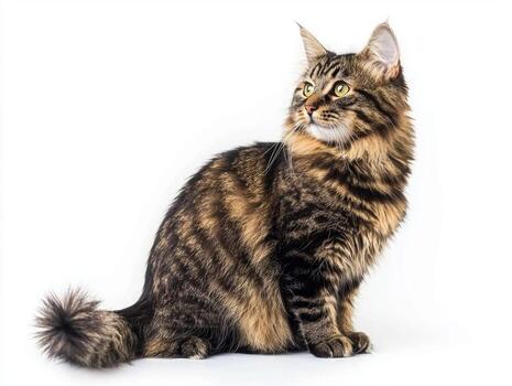 graceful Mekong Bobtail displays its unique color-pointed fur and charming short tail, poised perfectly against a stark white backdrop, exuding elegance and charm. photo