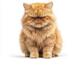 fluffy Persian cat sits gracefully with its striking flat face, showcasing a coat that's full of texture and warmth, all against a pristine white background. photo