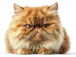 adorable Persian cat showcases its luxurious, fluffy coat and distinctive flat face while lounging comfortably on a pristine white backdrop. photo