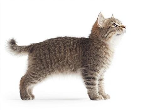 lively Pixie Bob cat stands proudly, its short tail waving gracefully while its spotted coat glimmers, set against a pristine white background that highlights its unique features. photo