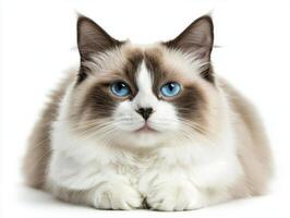 serene Ragdoll cat lounges comfortably, showcasing its luxurious fur and soft demeanor, perfectly set against a clean white backdrop. photo