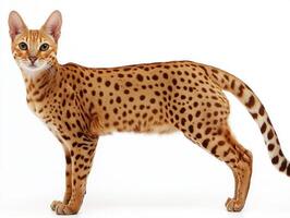 Standing tall and proud, this Ocicat displays its stunning short, spotted coat and large ears, highlighting the breed's unique features against a clean white background. photo
