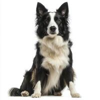 captivating Border Collie sits with an attentive gaze, its distinct black-and-white fur standing out beautifully against the crisp white backdrop, exuding both intelligence and charm. photo