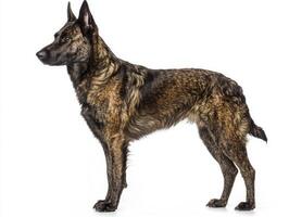 This dutiful Dutch Shepherd, with its striking brindle coat and muscular physique, stands confidently on a white background, showcasing its noble and vigilant nature. photo