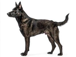 The Dutch Shepherd confidently stands, its brindle coat glistening under the light, highlighting its strong build and poised demeanor against a clean white background. photo