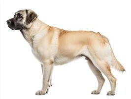 Standing tall with its impressive muscular frame, the Kangal Dog exudes strength and elegance. Its short coat gleams as it commands attention in a pristine white setting. photo