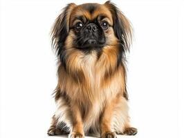 This elegant Pekingese exudes confidence, its long, flowing coat catching the light as it sits regally against a bright white backdrop, embodying a unique and timeless breed charm. photo