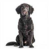 beautiful Curly-Coated Retriever sits poised, its tight curls framing a face full of expression and curiosity. The stark white background enhances its glossy coat and bright, intelligent eyes. photo