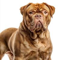 striking Dogue de Bordeaux stands proud, highlighting its large head and muscular build. This gentle yet formidable breed exudes strength and loyalty in a minimalist setting. photo