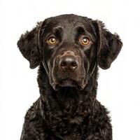 delightful Curly-Coated Retriever sits peacefully, showcasing its tight, curly coat and bright, alert eyes against a clean white backdrop, embodying curiosity and serenity. photo