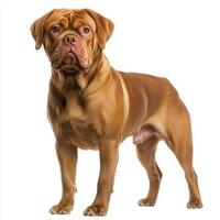 striking Dogue de Bordeaux stands proudly, displaying its large head and muscular build, exuding strength and charm in a captivating pose. photo