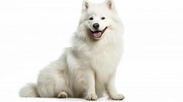 This delightful Samoyed sits proudly, its fluffy white coat gleaming against a pristine background. The dog's joyful expression captures a moment of pure happiness and charm. photo