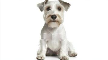 A charming Sealyham Terrier sits gracefully, showcasing its long body and distinct bushy eyebrows, perfectly framed by a bright white backdrop, highlighting its lovely features. photo
