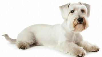 This charming Sealyham Terrier showcases its long, elegant body and delightful bushy eyebrows while sitting poised on a bright white background, embodying canine elegance. photo
