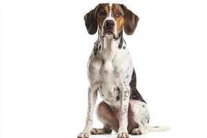 This elegant Bluetick Coonhound showcases its unique blue-ticked coat and long ears, embodying both beauty and grace while sitting against a bright, neutral background. photo