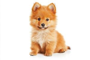 A charming German Spitz sits quietly, displaying its soft, fluffy coat and small, perky ears against a pristine white backdrop that highlights its delightful appearance. photo
