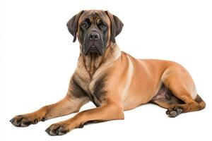 This robust Mastiff exhibits a calm presence, showcasing its powerful physique and droopy face while resting elegantly on a pristine white surface. photo