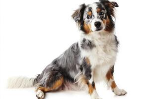 The charming Miniature American Shepherd sits poised with its fluffy coat, displaying alertness and curiosity, making it an eye-catching companion. photo
