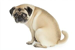 This adorable pug sits elegantly with its distinctive wrinkled face and curled tail, exuding curiosity and charm against a bright white backdrop, perfect for pet lovers. photo