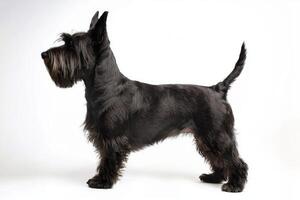 This Scottish Terrier stands tall and proud, with its short legs and fluffy coat perfectly framing its playful demeanor against a stark white backdrop, exuding charm and character. photo