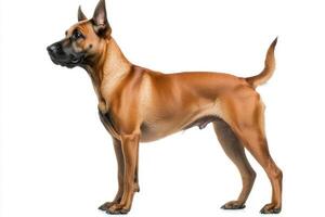 A majestic Thai Ridgeback stands proud, flaunting its distinctive short coat and characteristic ridge. The elegant posture contrasts beautifully with the bright background. photo