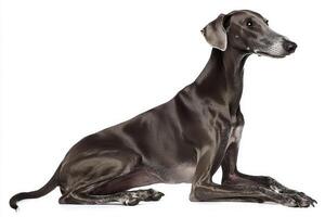 A Whippet sits poised, its slim and muscular body highlighted against a white backdrop. This gentle breed exudes calmness, inviting admiration and affection. photo
