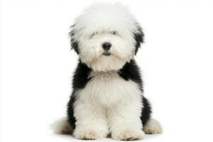 An adorable Old English Sheepdog sits quietly, its fluffy coat obscuring its eyes, creating a playful yet endearing presence in a minimalist setting. photo